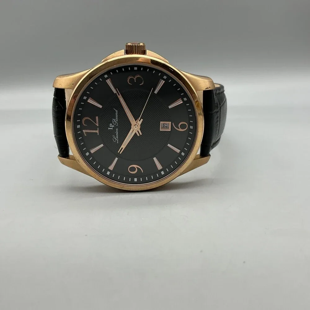 Lucien Piccard Mens Watch 42mm Black Dial Rose Gold Tone Date New Battery